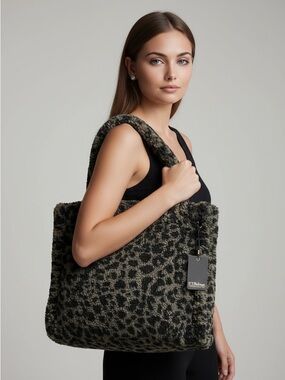 🌻NEW w/tag PJ Salvage Leopard Print Faux Fur Night Bag Tote Shoulder Bag
